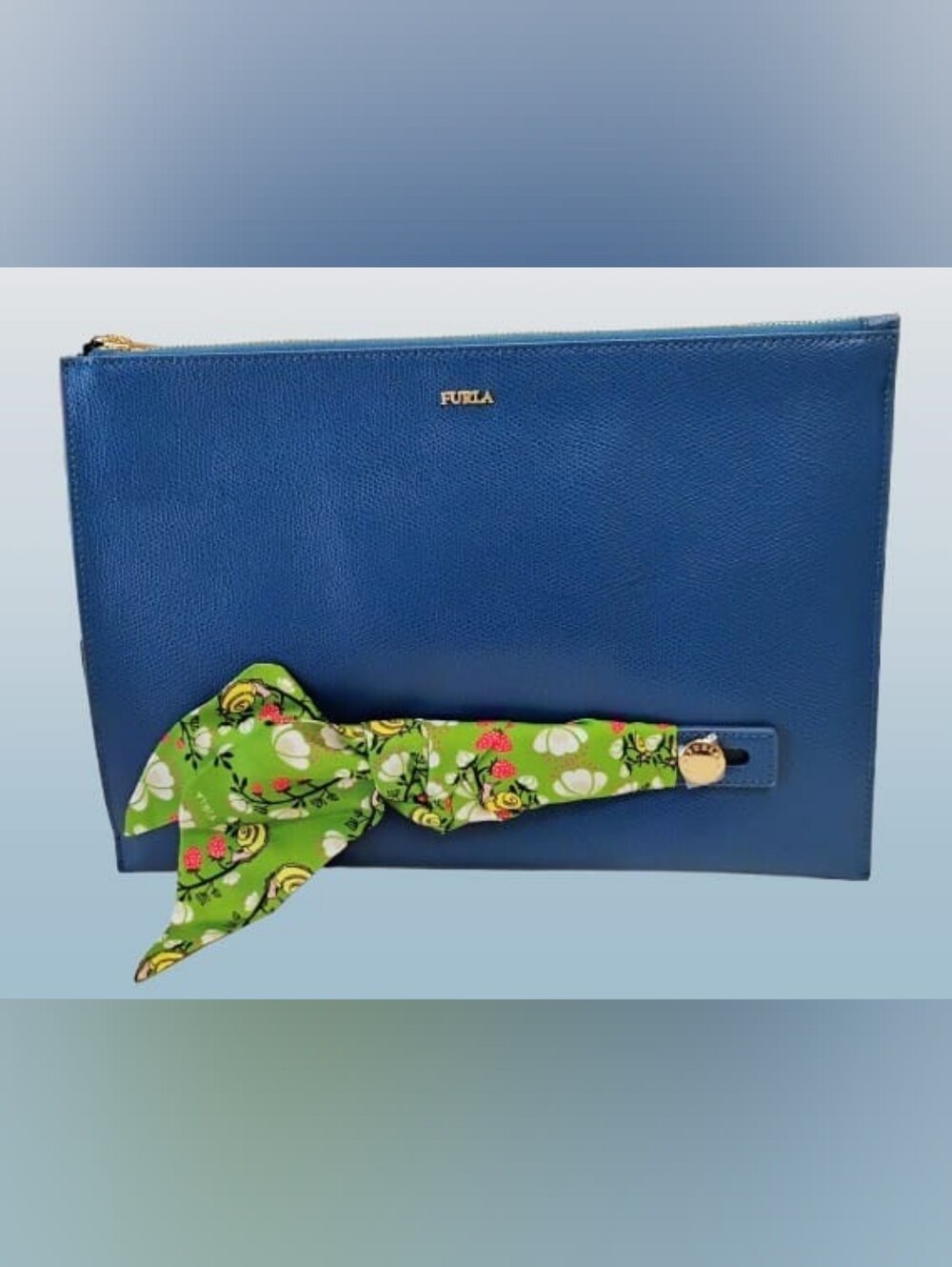 NWT Furla Leather Clutch w/ Green Floral Scarf Accent GHW - Picture 2 of 13